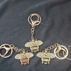 Gold Tone Rhinestone‎ Bee Keychains Bag Charms Red, Yellow, Irridecent Select 1